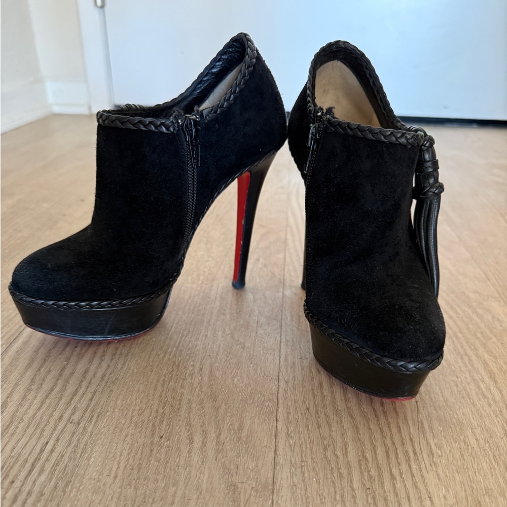 CHRISTIAN LOUBOUTIN Black Suede Tassel Platform Ankle Booties – Size 35